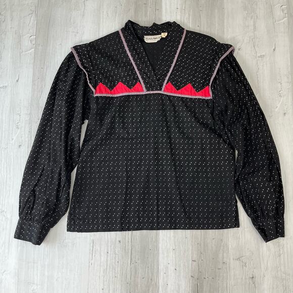 Vintage Karavan V-Neck Long Puff Sleeve Western Prairie Rodeo Print Shirt Blouse - Picture 1 of 14